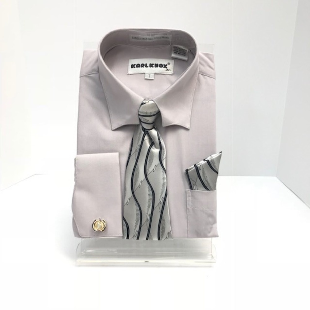 Karl Knox Boys Gray Dress Shirt Silver Black Tie Hanky Long Sleeves Sizes 4 - 20